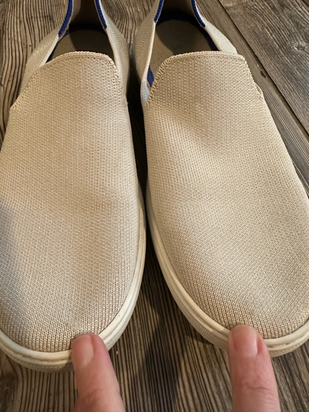 Rothy’s The Original Slip-On Sneakers in Sand Cream Tan with Blue Accent Women 9 - Picture 13 of 14